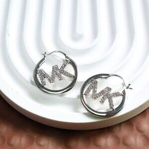 Michael Kors Silver Plated Hoop Earrings - Pave Hollow Logo